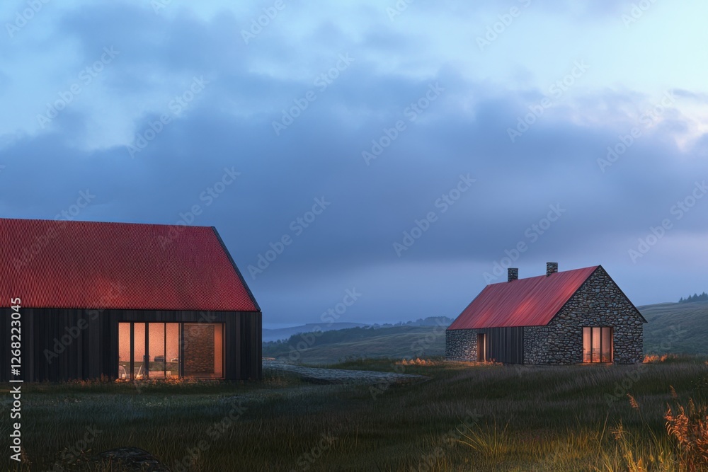 Obraz premium Cozy cottages nestled in the serene countryside during twilight, showcasing warmth and tranquility in a picturesque landscape