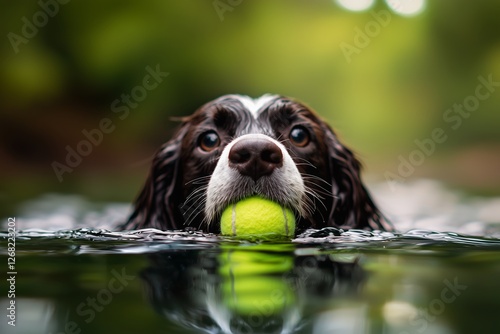 A dog swimming in a lake, holding a tennis ball in its mouth, captured in a close-up shot with soft focus and natural lighting, showing playful and energetic behavior photo