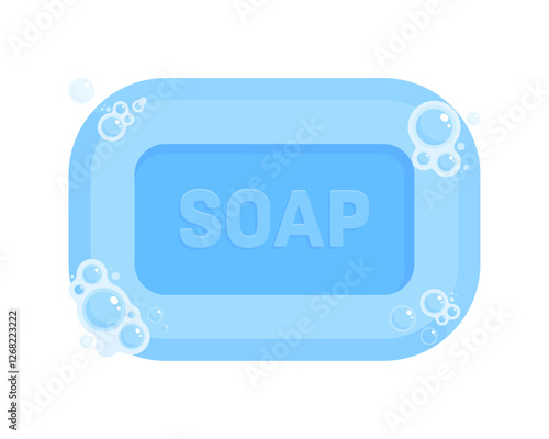 Blue bar of soap with foam and bubbles. Cleanliness, hygiene, and personal care concept. Flat vector illustration isolated on white background	
