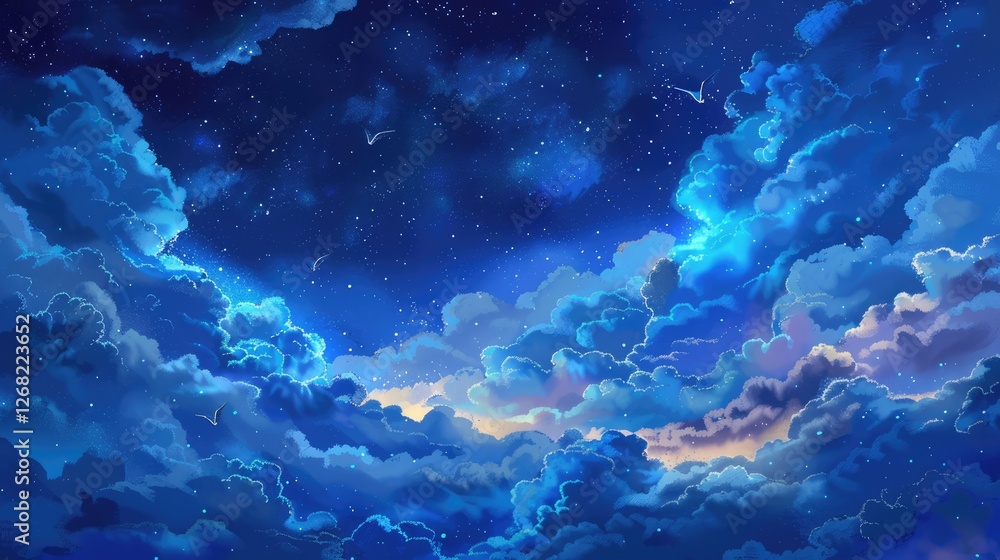 Vibrant night sky filled with deep blue clouds and twinkling stars, creating a serene and dreamy atmosphere