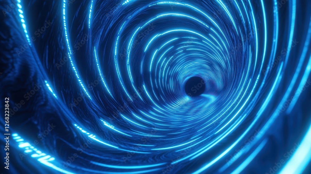 Obraz premium Futuristic abstract tunnel featuring glowing blue lights swirling in a spiral pattern, creating an immersive and dynamic atmosphere.