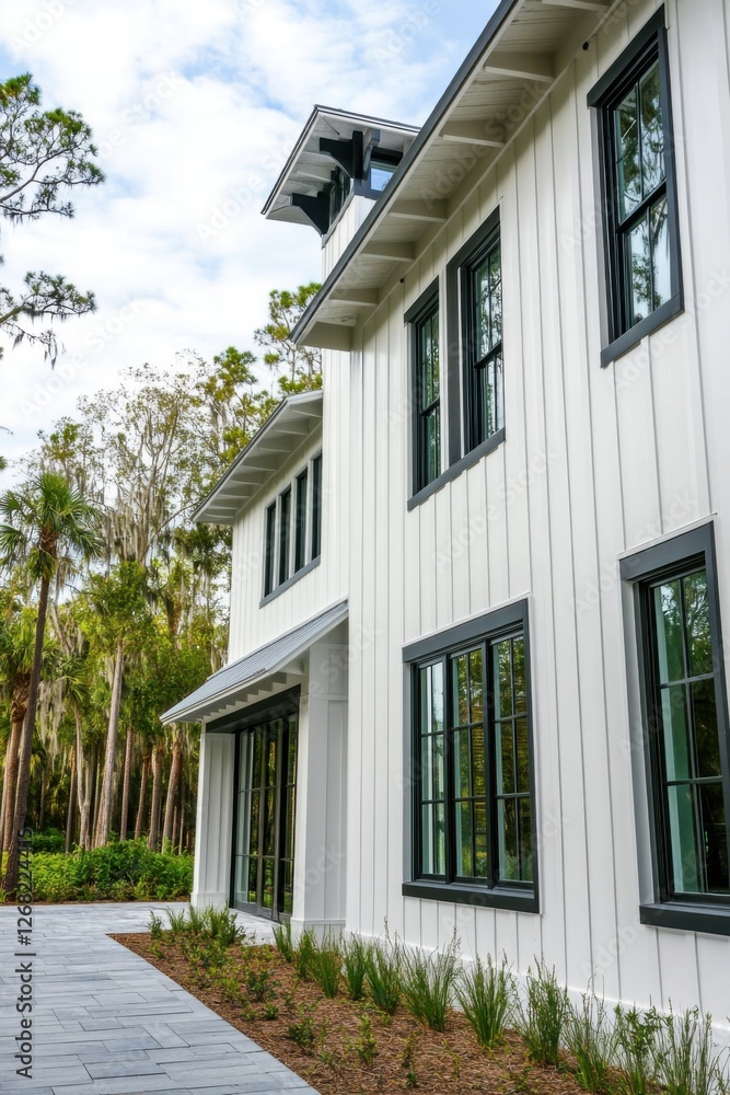 Modern farmhouse located in a lush setting, showcasing unique architectural design with large windows and natural surroundings, ideal for serene family living Modern farmhouse located in a lush setting, showcasing unique architectural design with large windows and natural surroundings, ideal for serene family living