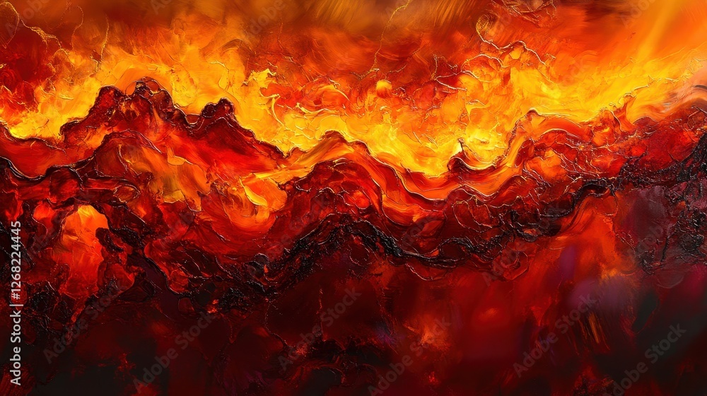 A vibrant abstract representation of molten lava with swirling shades of red, orange, and black, evoking the intensity of volcanic activity. A vibrant abstract representation of molten lava with swirling shades of red, orange, and black, evoking the intensity of volcanic activity.