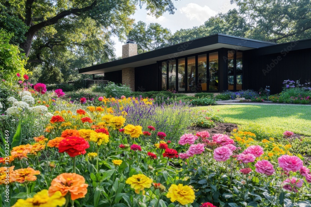 Obraz premium Vibrant flower garden surrounding a modern house in a sunny neighborhood with lush greenery and colorful blooms during daylight