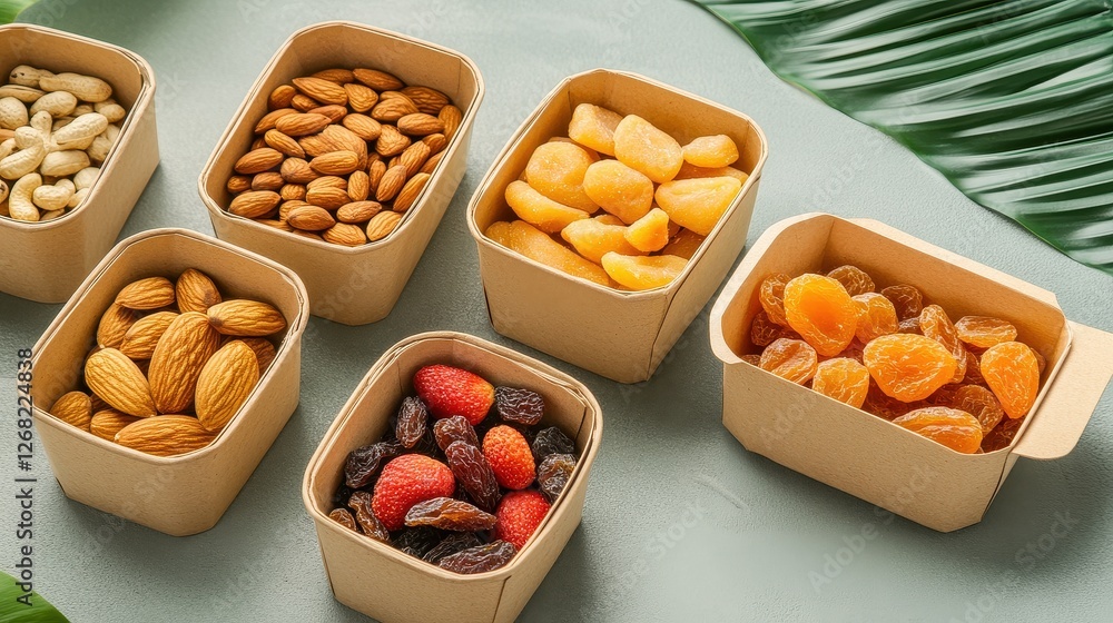 Healthy snack boxes with nuts, dried fruits, and organic treats, lifestyle concept. Healthy snack boxes with nuts, dried fruits, and organic treats, lifestyle concept.