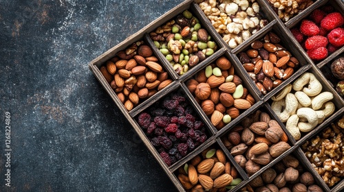 Healthy snack boxes with nuts, dried fruits, and organic treats, lifestyle concept. photo