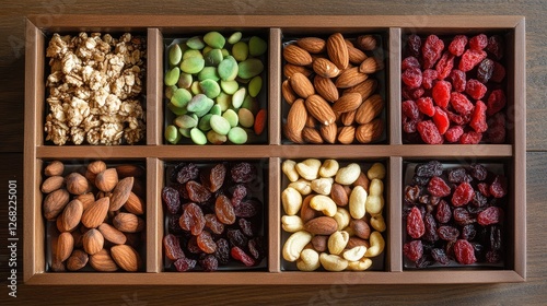 Healthy snack boxes with nuts, dried fruits, and organic treats, lifestyle concept. photo