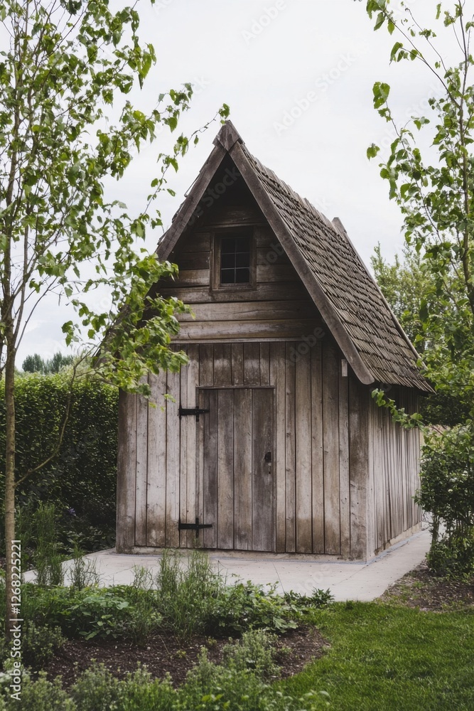 Nestled within a tranquil garden, this enchanting wooden cabin is enveloped by lush greenery, creating a peaceful retreat on a cloudy countryside day Nestled within a tranquil garden, this enchanting wooden cabin is enveloped by lush greenery, creating a peaceful retreat on a cloudy countryside day