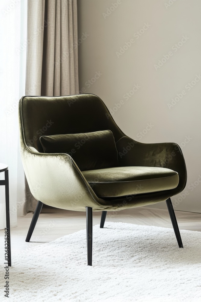 Obraz premium The charming living room features a luxurious green velvet chair that exudes elegance, beautifully illuminated by the warm natural light pouring through the window