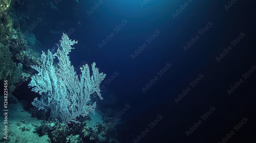 Fototapeta premium A mesmerizing underwater scene featuring vibrant coral formations in a deep blue ocean, creating a tranquil and serene atmosphere.