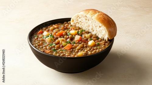 Hearty lentil and vegetable stew, served in a microwave-safe bowl, accompanied by a whole grain roll, all placed on a neutral background with copy space.  photo