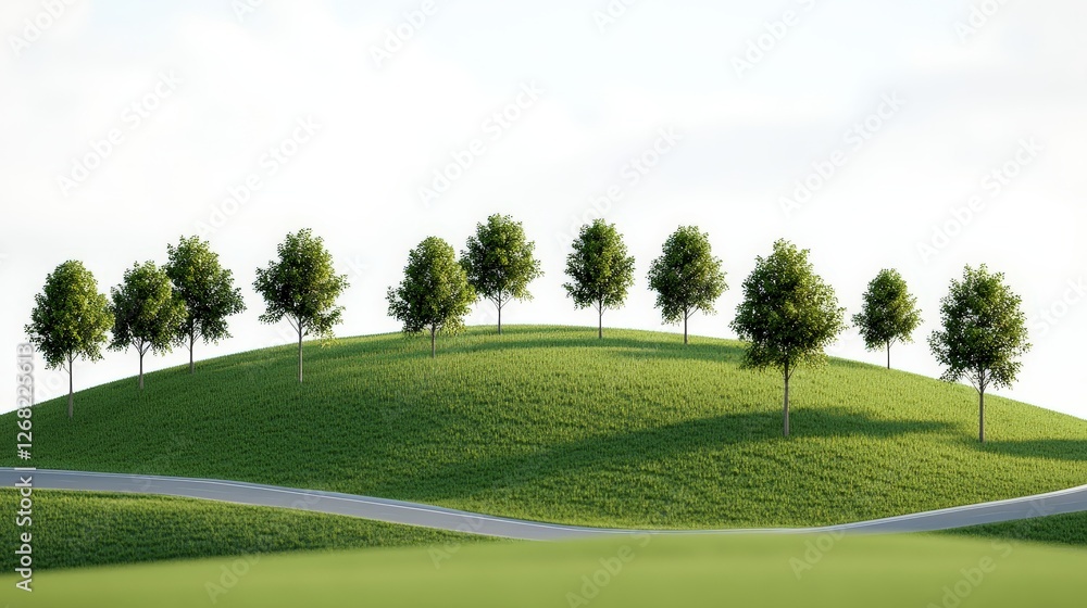 Rolling green hill landscape with evenly spaced trees under clear blue sky peaceful nature scene simple beauty eco friendly environment concept Rolling green hill landscape with evenly spaced trees under clear blue sky peaceful nature scene simple beauty eco friendly environment concept