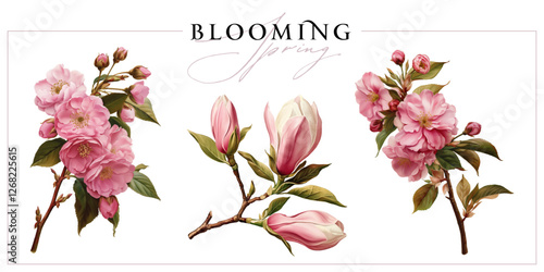 Blooming magnolia and sakura branches isolated on a white background. Vintage painting style illustration.