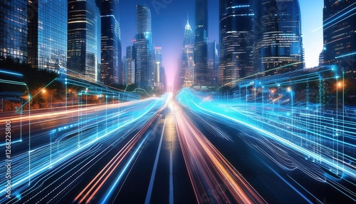 Firefly Holographic Data Streams Flowing Through a HighTech City