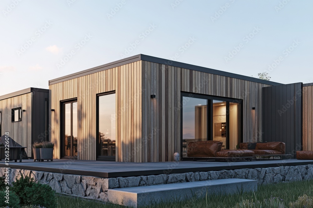 A contemporary wooden house boasts expansive windows and a generously sized deck, all set against a tranquil landscape bathed in bright afternoon sunlight A contemporary wooden house boasts expansive windows and a generously sized deck, all set against a tranquil landscape bathed in bright afternoon sunlight
