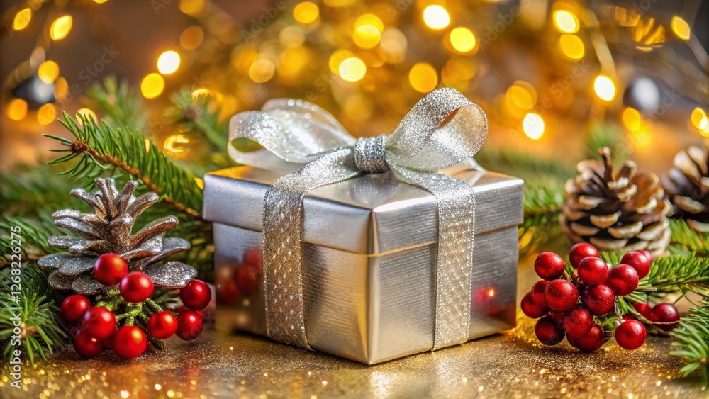 Luxurious Silver Gift Box with Sparkling Ribbon & Festive Decorations - Elegant Holiday Present Luxurious Silver Gift Box with Sparkling Ribbon & Festive Decorations - Elegant Holiday Present