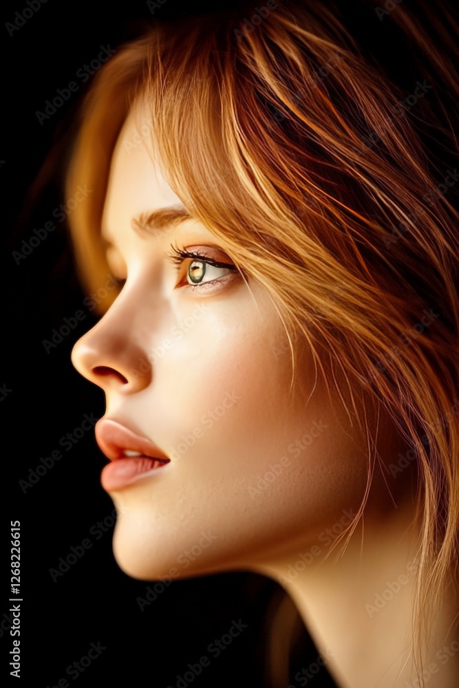 Fototapeta premium Side profile of young woman with red hair in soft natural light showing thoughtful expression representing beauty fashion portrait and serene mood in minimalistic style