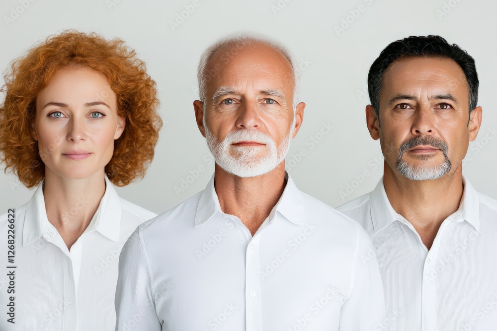 Three diverse professional individuals in white shirts standing together representing teamwork business collaboration corporate success and leadership in workplace environment Three diverse professional individuals in white shirts standing together representing teamwork business collaboration corporate success and leadership in workplace environment