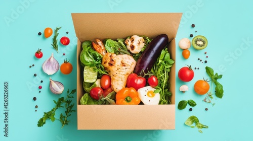 Meal delivery boxes with nutritious dishes, convenience and wellness theme.  photo