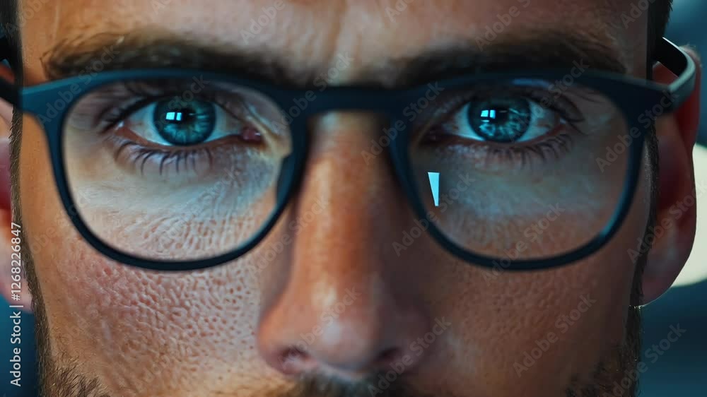 Close-up view of a man wearing glasses with intense expression and reflective eyes in a focused environment Close-up view of a man wearing glasses with intense expression and reflective eyes in a focused environment