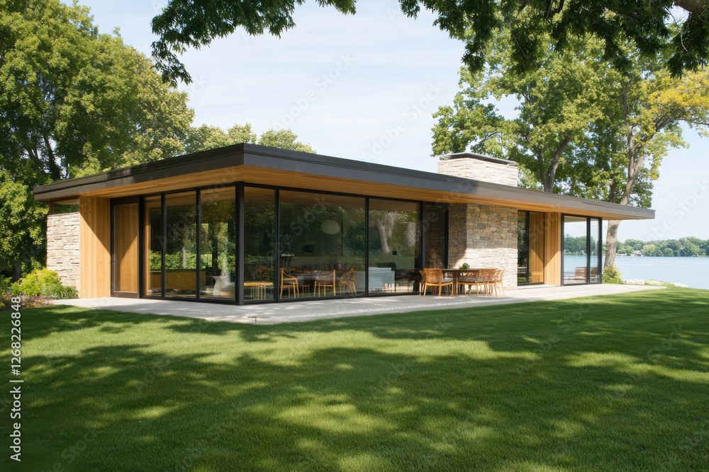 Modern lakefront house features large glass windows and natural materials, surrounded by lush greenery and a calm water view in bright daylight Modern lakefront house features large glass windows and natural materials, surrounded by lush greenery and a calm water view in bright daylight