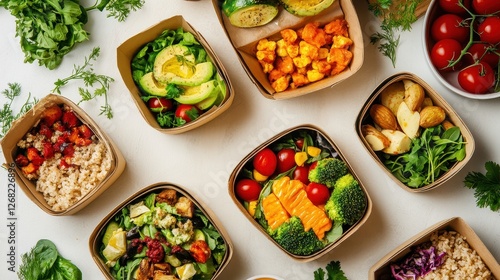 Meal delivery boxes with nutritious dishes, convenience and wellness theme.  photo