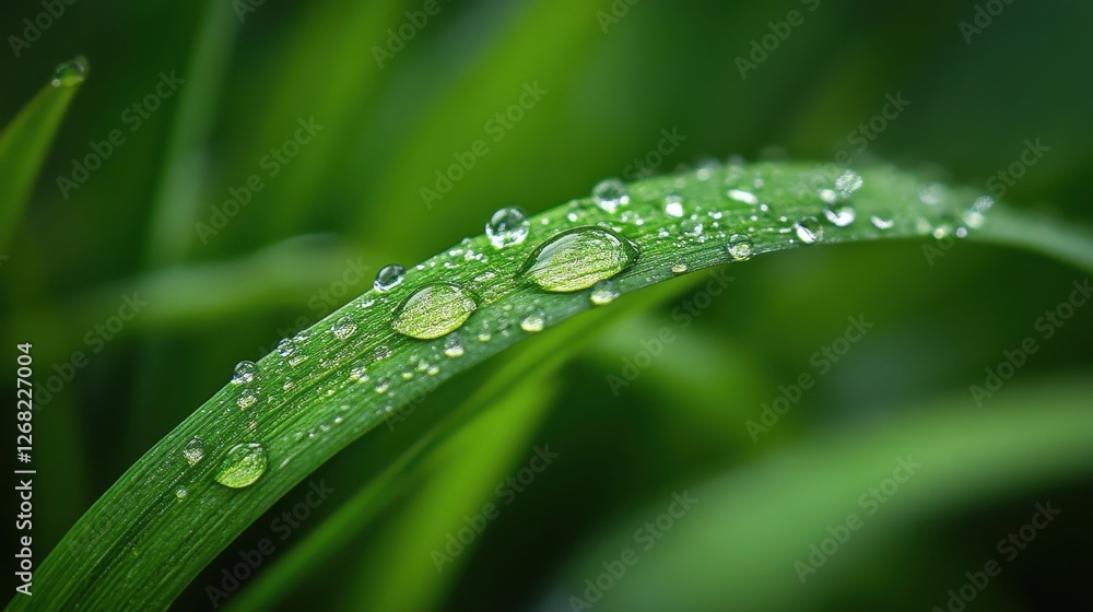 Close-up of green grass blade adorned with glistening water droplets, showcasing nature's beauty and freshness in a vibrant, serene setting. Close-up of green grass blade adorned with glistening water droplets, showcasing nature's beauty and freshness in a vibrant, serene setting.