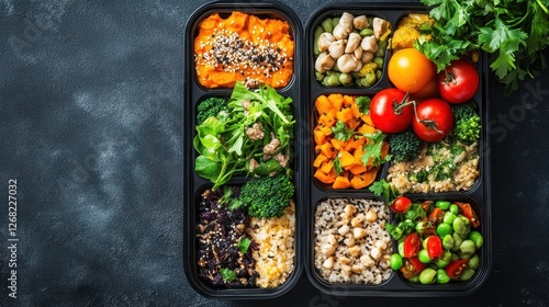 Meal delivery boxes with nutritious dishes, convenience and wellness theme.  photo