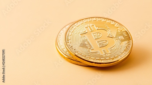 Stacked Bitcoin cryptocurrency coins on minimalist orange backdrop symbolizing digital currency investment decentralized finance blockchain technology and economic transactions with gold tones photo