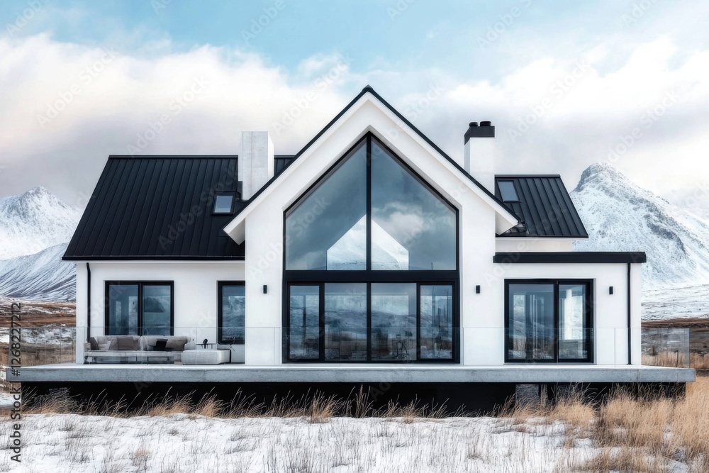 Modern architectural design featuring a mountain view house surrounded by snow in a serene landscape with dramatic skies and natural elements during winter