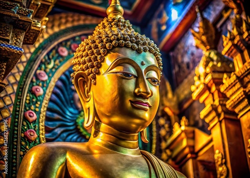 Macro Detail of Buddha Statue, Thai Temple, Golden Leaf, Intricate Carving, Religious Art