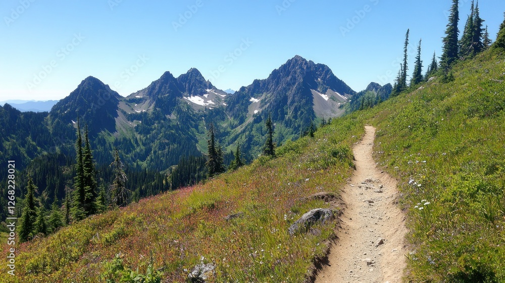 Mountain Trail Adventure: Majestic Peaks and Serene Landscape Mountain Trail Adventure: Majestic Peaks and Serene Landscape