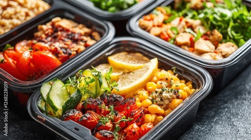 Portion-controlled boxed meals, weight management, balanced nutrition. photo