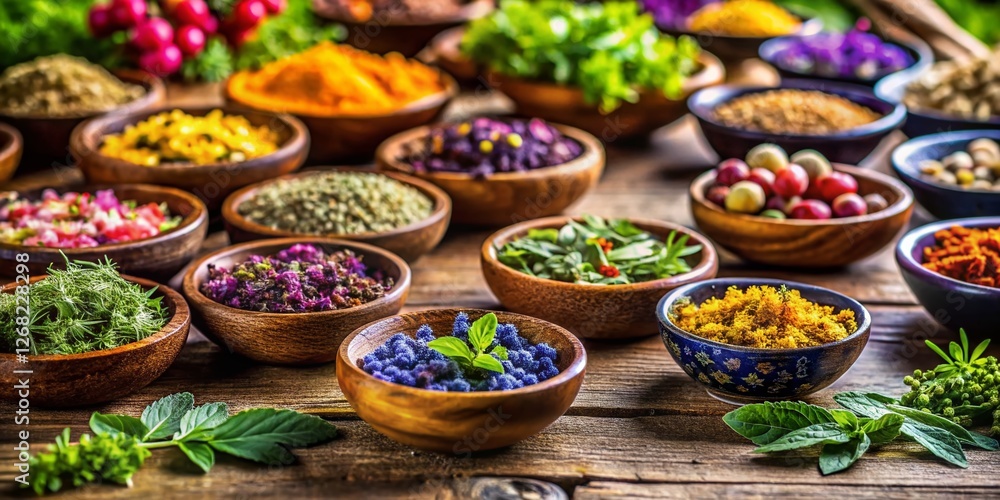 Fototapeta premium Macro Healing Herbs: Close-up Bowls of Natural Remedies on Rustic Wood