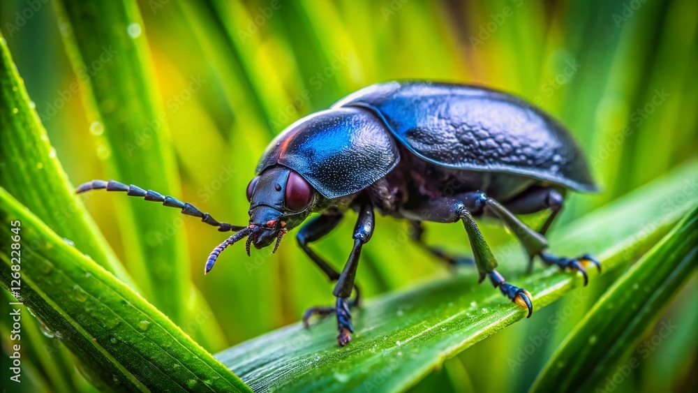 Macro Photography: Black Hermit Beetle on Green Grass - Detailed Stock Image Macro Photography: Black Hermit Beetle on Green Grass - Detailed Stock Image