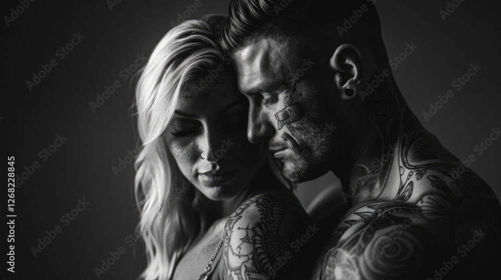 Intimate black and white portrait of a tattooed couple embracing, showcasing their body art and connection Intimate black and white portrait of a tattooed couple embracing, showcasing their body art and connection
