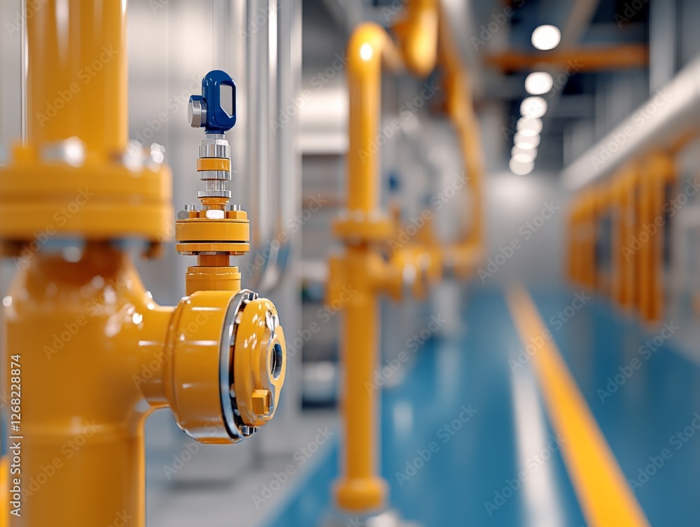 Industrial gas pipeline system with yellow valves in a factory setting representing energy infrastructure manufacturing and engineering in a conceptual depiction of industry and production technology Industrial gas pipeline system with yellow valves in a factory setting representing energy infrastructure manufacturing and engineering in a conceptual depiction of industry and production technology