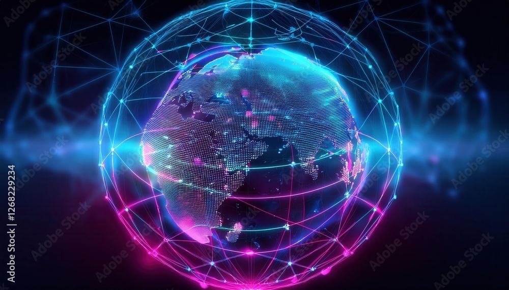 Firefly Neon Wireframe Globe with Floating Data Points and Connections Firefly Neon Wireframe Globe with Floating Data Points and Connections