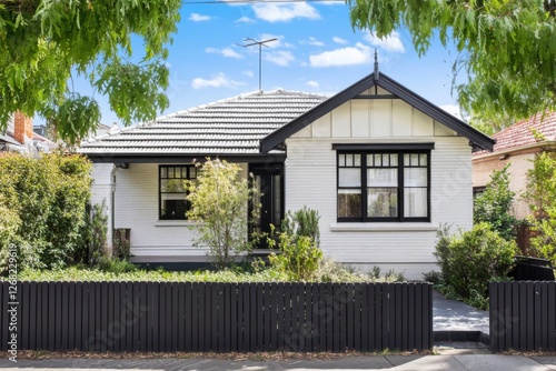 Wallpaper Mural A delightful white house adorned with stylish black accents is surrounded by vibrant greenery, all set in a peaceful residential neighborhood on a bright, sunny day Torontodigital.ca