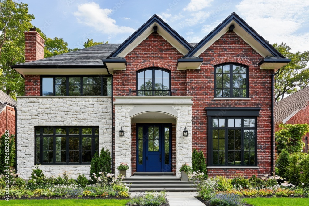 Discover a delightful modern home featuring a captivating brick and stone facade, nestled in a vibrant neighborhood basking under a bright blue sky Discover a delightful modern home featuring a captivating brick and stone facade, nestled in a vibrant neighborhood basking under a bright blue sky