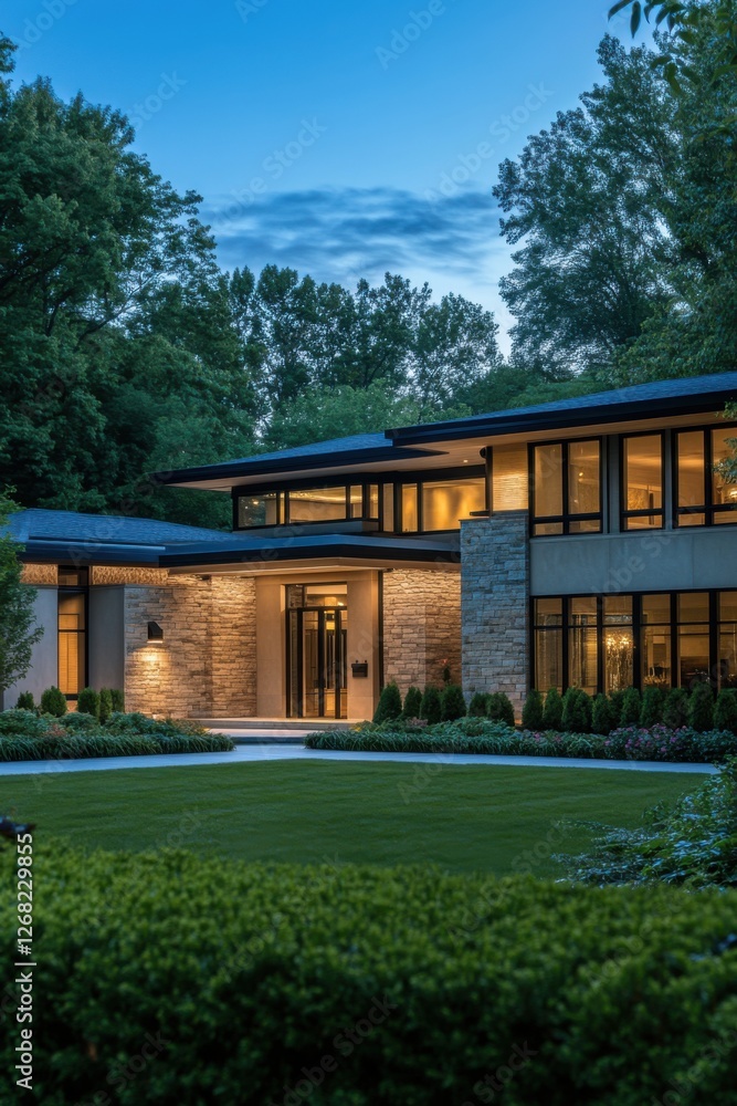 Modern architectural design of a spacious home with large windows and lush landscaping at dusk in a serene suburban setting Modern architectural design of a spacious home with large windows and lush landscaping at dusk in a serene suburban setting