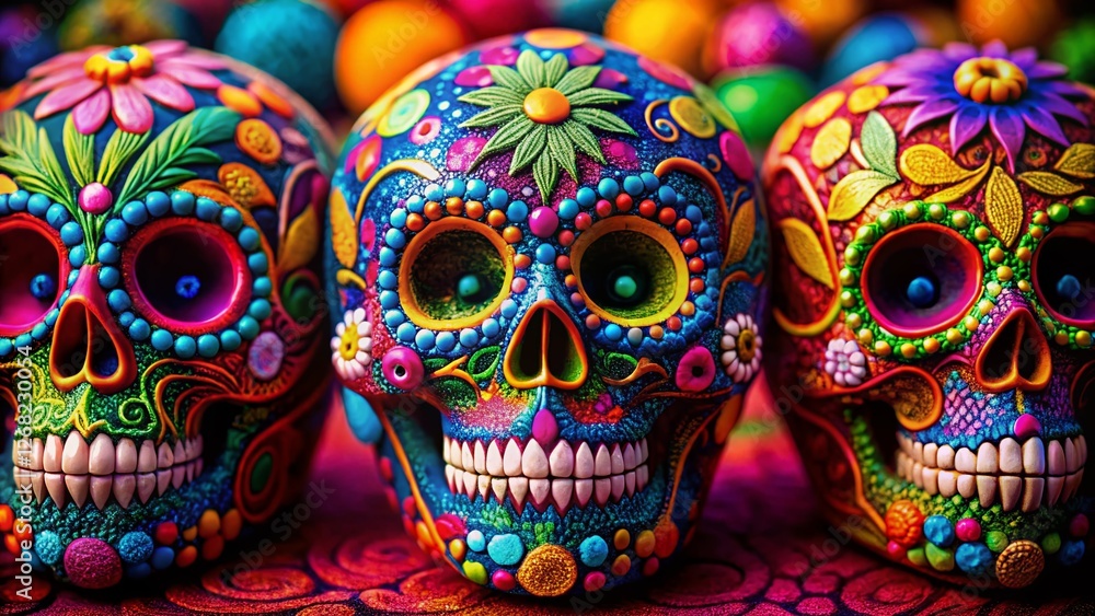 Macro Photography: Three Vibrant Floral Sugar Skulls for Dia de los Muertos Macro Photography: Three Vibrant Floral Sugar Skulls for Dia de los Muertos