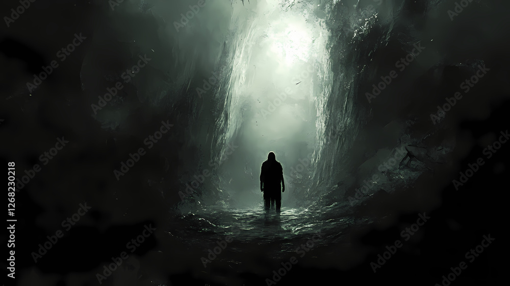 Mysterious shadowy figure enveloped in darkness and intrigue. Chasm of the Forgotten. Illustration Mysterious shadowy figure enveloped in darkness and intrigue. Chasm of the Forgotten. Illustration