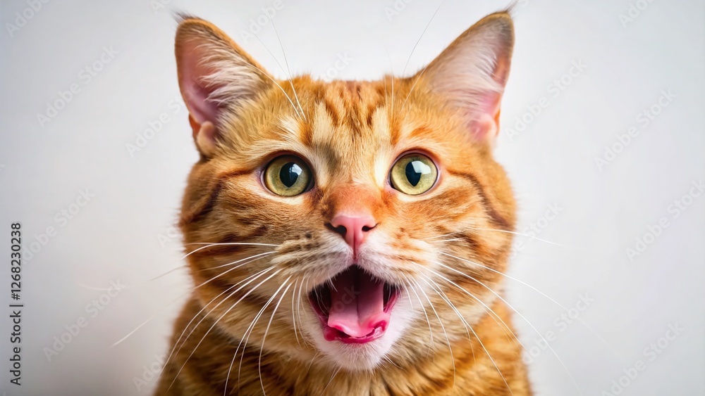 Macro Photo of Surprised Ginger Cat with Tongue Out, White Background Macro Photo of Surprised Ginger Cat with Tongue Out, White Background