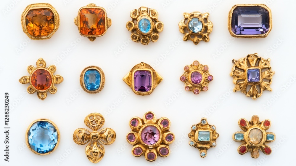 Fototapeta premium A collection of gold jewelry featuring topaz, citrine, and sapphire stones