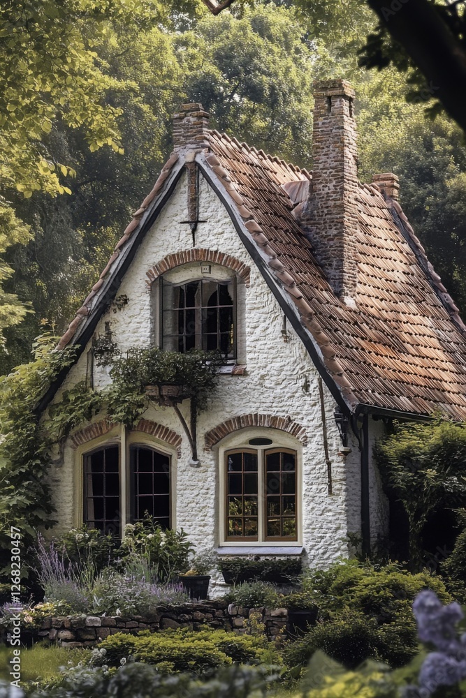Nestled amidst a sea of vibrant greenery, this enchanting cottage features a picturesque thatched roof and boasts a stunning garden illuminated by daylight Nestled amidst a sea of vibrant greenery, this enchanting cottage features a picturesque thatched roof and boasts a stunning garden illuminated by daylight