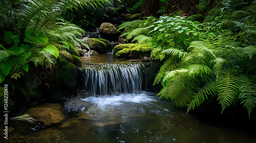 Mystical canyon oasis: hidden waterfall & lush vegetation in urban exploration photography. Chasm of the Forgotten. Illustration