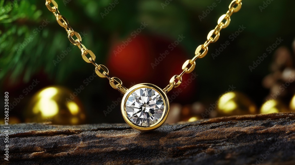 Fototapeta premium A delicate gold chain with a round diamond solitaire pendant