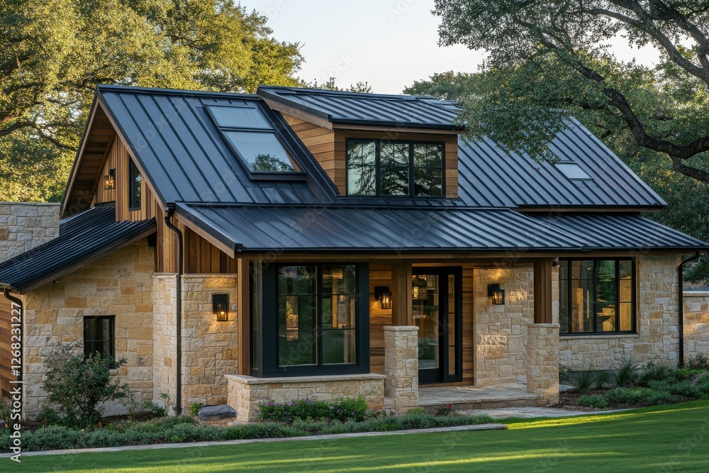 Obraz premium Modern stone house featuring a sleek metal roof and large windows surrounded by lush greenery in a serene neighborhood during the late afternoon
