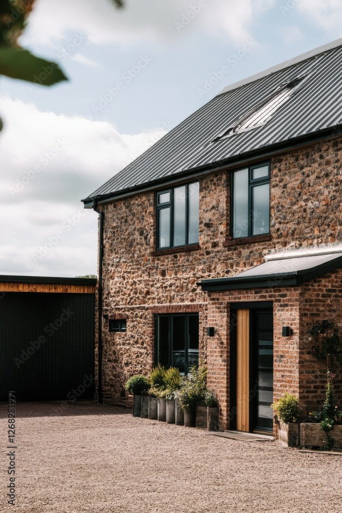 Rustic stone house with modern features in a tranquil rural setting, showcasing a well-maintained gravel driveway and inviting wooden entrance Rustic stone house with modern features in a tranquil rural setting, showcasing a well-maintained gravel driveway and inviting wooden entrance